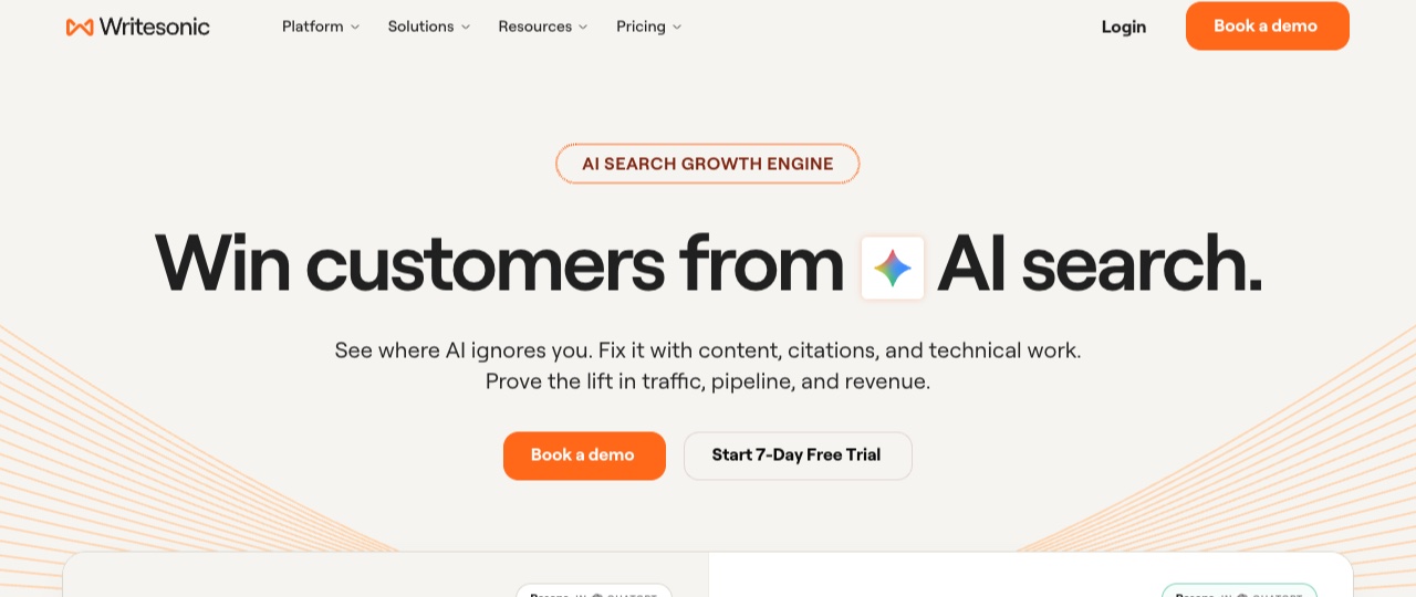 Writesonic homepage promising to win customers from AI search with content and citations